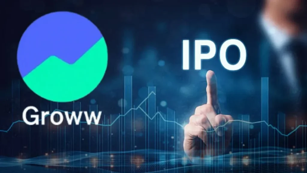 A smartphone screen showing the Groww IPO 2025 app interface with upward-trending stock graphs, symbolizing anticipation for the Groww IPO listing date.