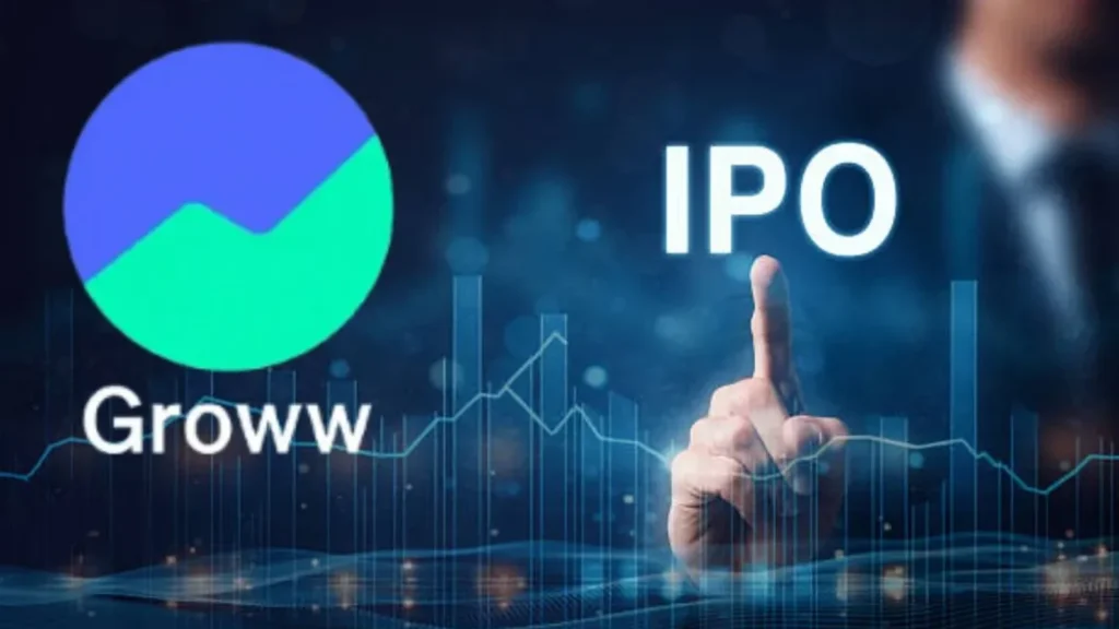 Hand holding a smartphone displaying Groww IPO details with the highlighted Groww IPO price band ₹95–₹100 and market chart in the background.