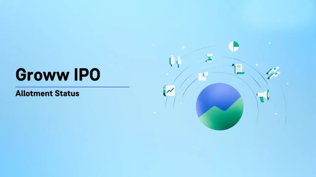 Young man smiling while viewing Groww IPO status 2025 on smartphone with green confirmation screen in a trading room background.