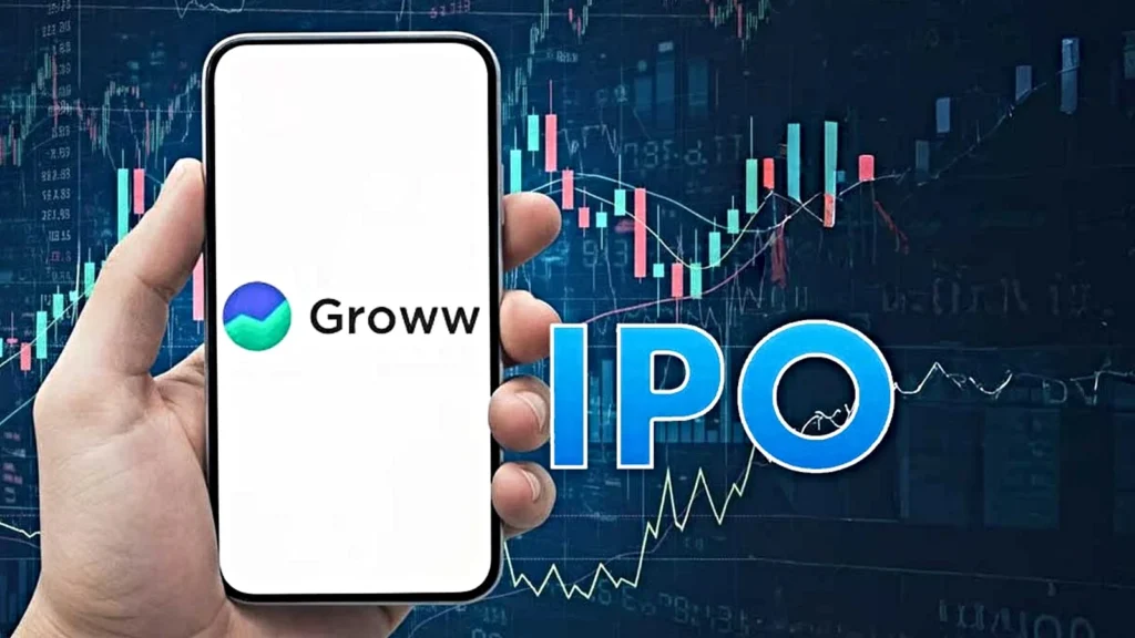 A person holding a smartphone showing the Groww IPO 2025 dashboard with stock charts and upward arrows, depicting rising Groww IPO subscription status numbers.