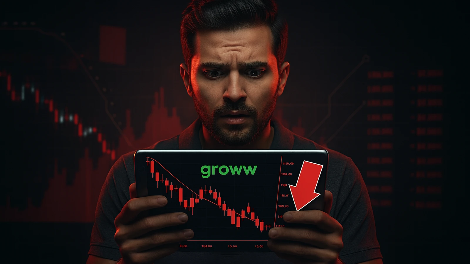A concerned man holds a tablet displaying a steep fall in Groww share price with a red downward arrow.
