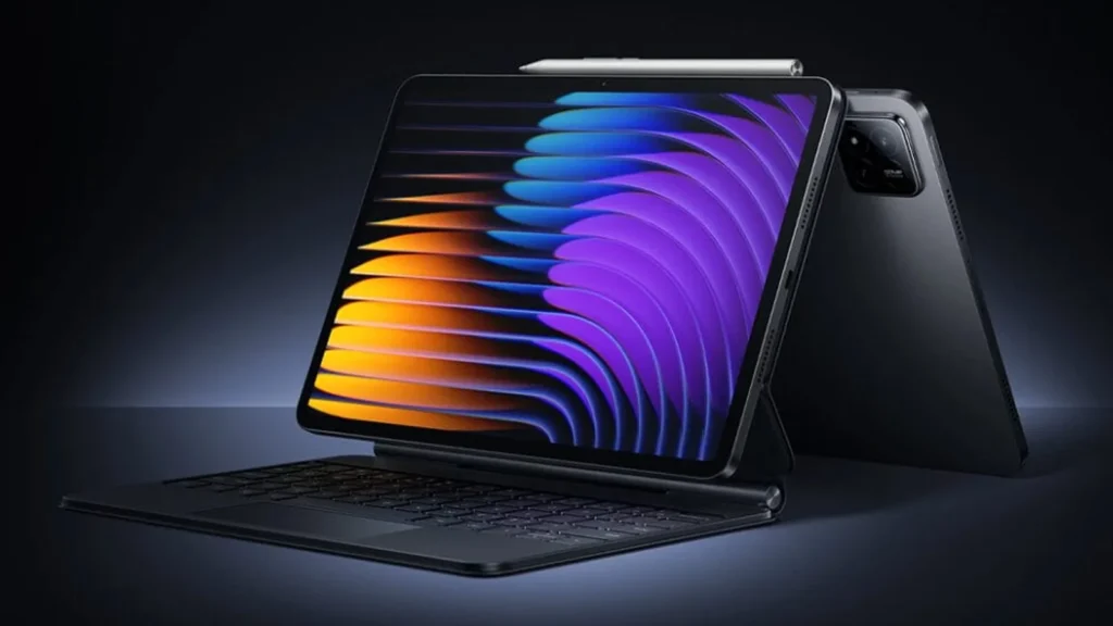 Tablet screen showcasing HyperOS 3 Android 16 interface with vibrant icons and futuristic digital background.