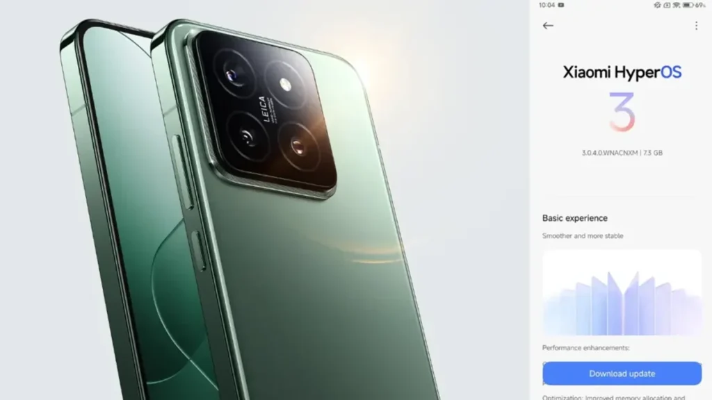 Smartphone screen showing the HyperOS 3 update interface with new features and system improvements.