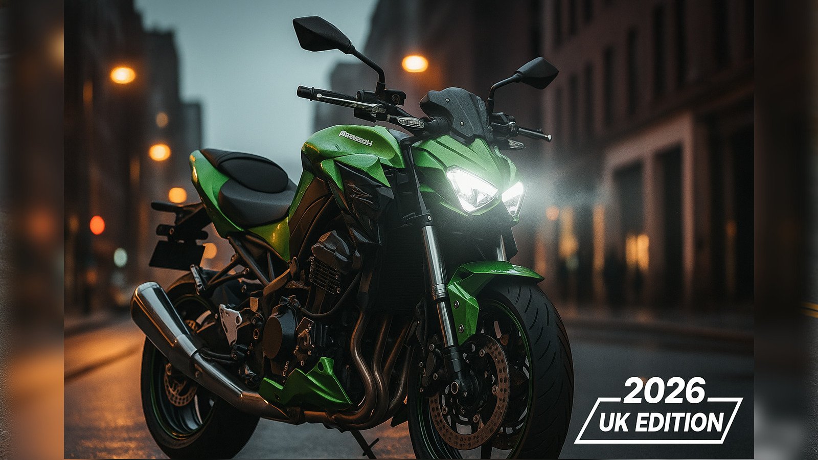 2026 Kawasaki Z1100 India launch showcasing the green super-naked motorcycle on a city street with LED headlights glowing.