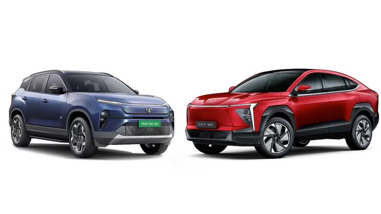 Mahindra XEV 9S vs Tata Harrier EV parked together, highlighting exterior design, LED lighting, and modern electric SUV styling for 2025 buyers.