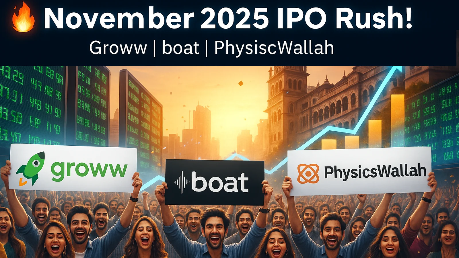 Crowd of investors holding banners of Groww, boAt, and PhysicsWallah in front of the BSE building, symbolizing the excitement of the November 2025 IPO wave in India.