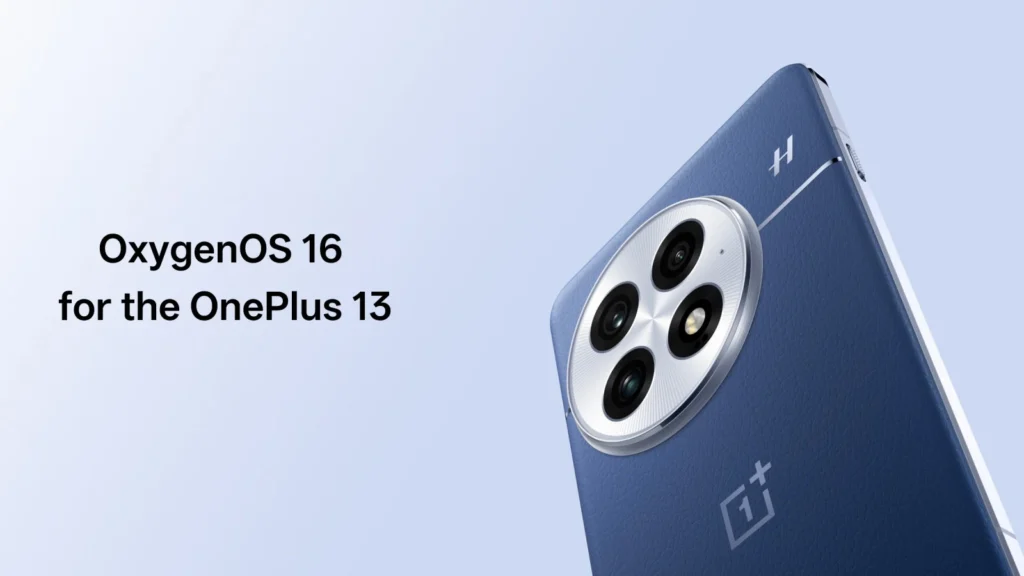 Hand holding a OnePlus phone showing the OnePlus OxygenOS 16 update screen with glowing blue light and digital futuristic background.