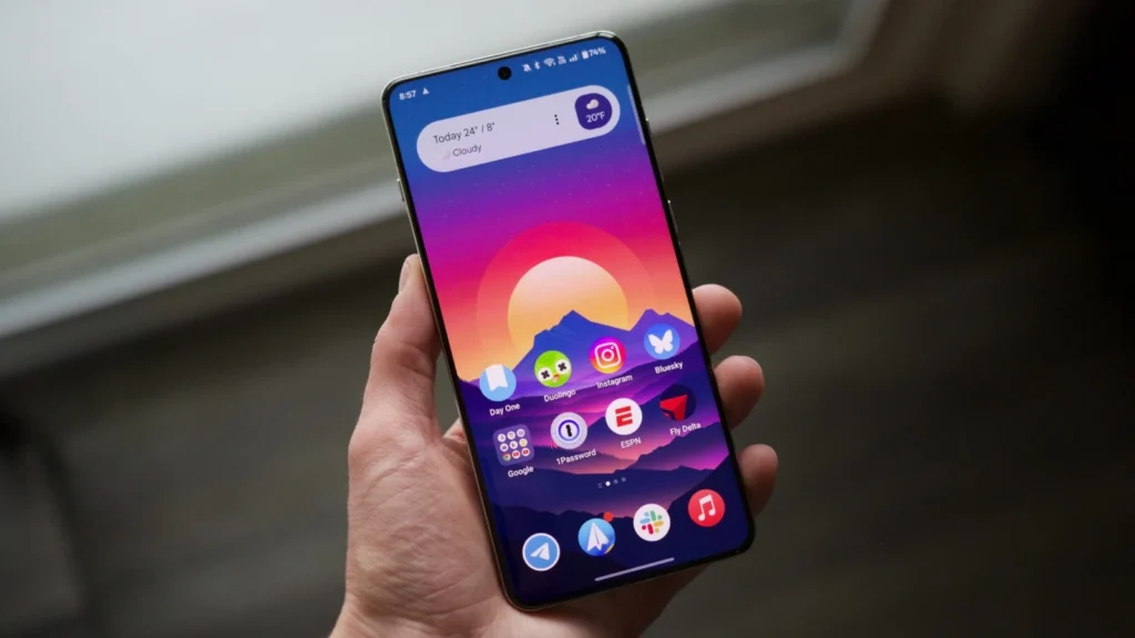 Close-up view of a smartphone updating to OnePlus OxygenOS 16, featuring modern blue lighting effects and a digital tech-inspired background.