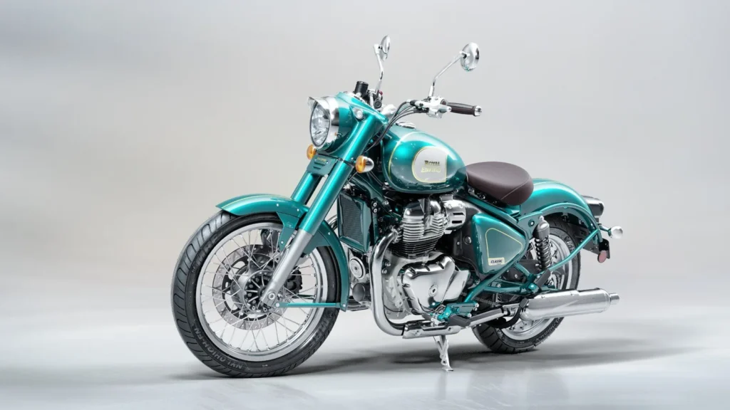 Royal Enfield 125th anniversary celebration at EICMA 2025 showcasing Classic 650 Special Edition with red-gold paint and vintage-inspired design.