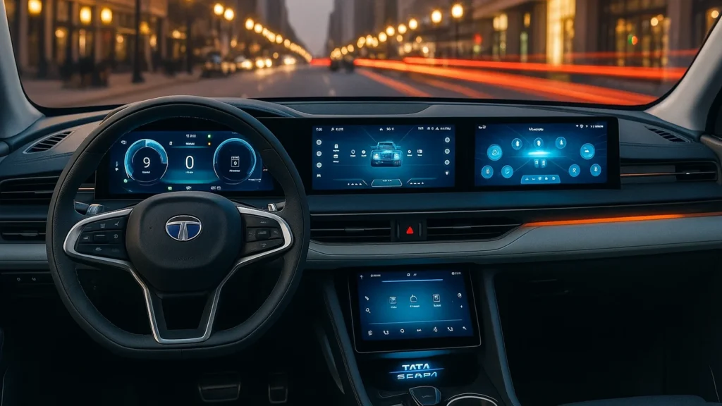 Tata Sierra triple-screen dashboard showing digital driver display, infotainment screens, and advanced control interface inside the modern SUV cabin.