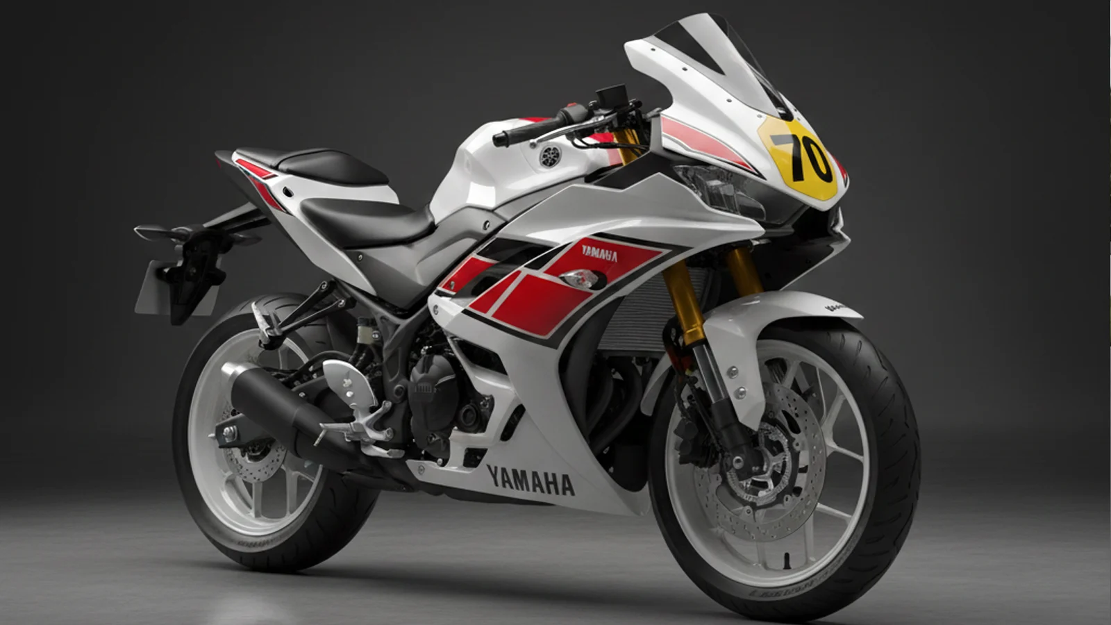 Yamaha R3 70th Anniversary Edition in retro red-white racing colours with gold wheels.