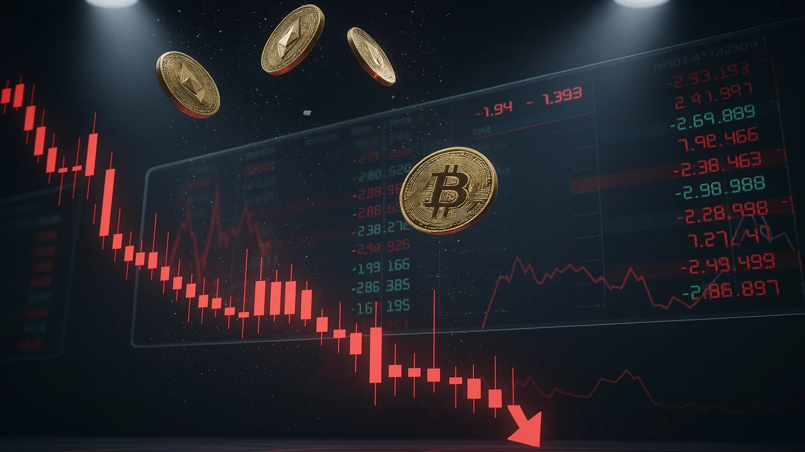 Graph showing market volatility and falling digital coin prices representing cryptocurrency 2025 trends.