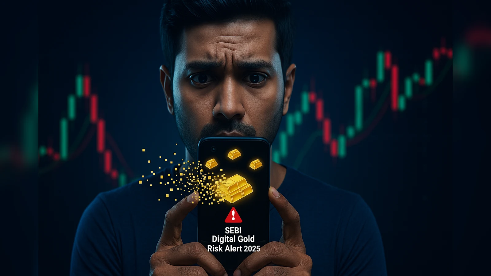 Concerned investor checking smartphone screen showing fading gold bars and warning sign, illustrating digital gold risks in 2025.