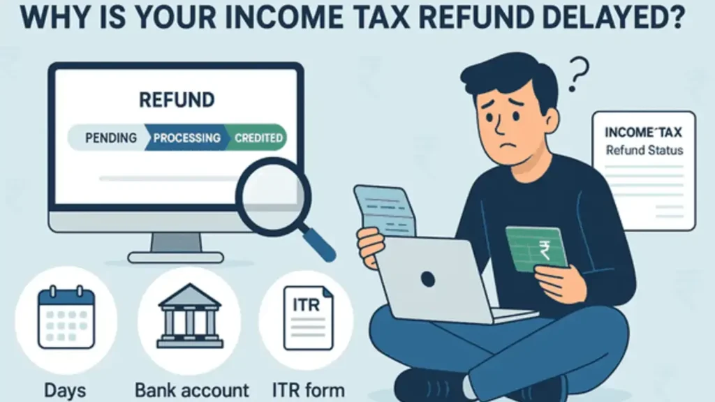 An Indian man looking at his laptop displaying income tax refund 2025 information, surrounded by futuristic financial data graphics in a home office.