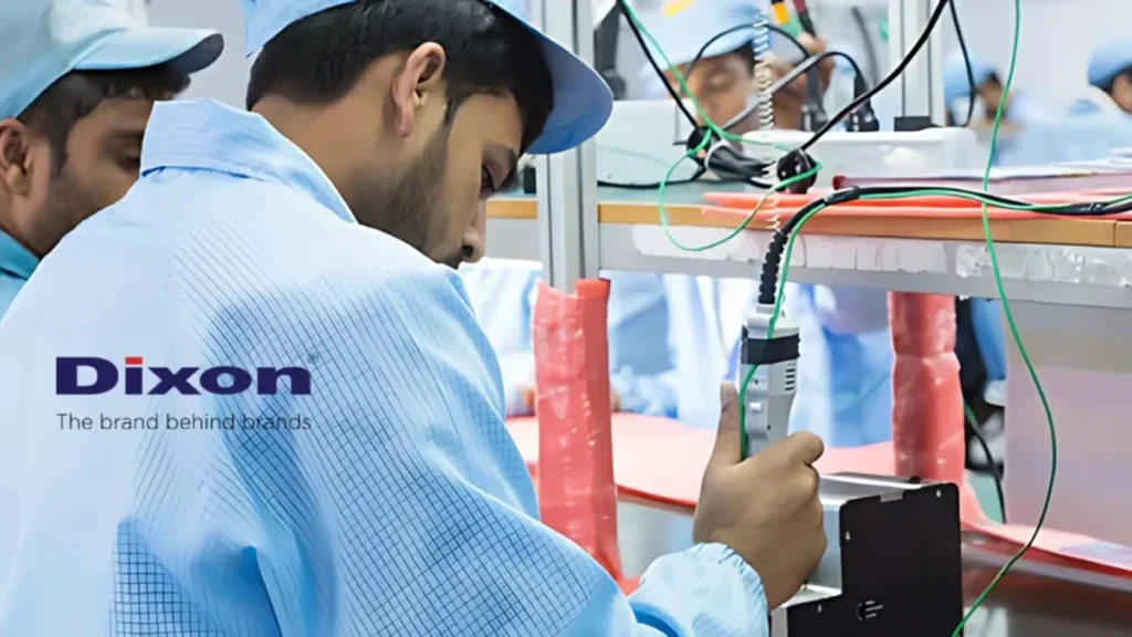 Stock chart displaying Dixon Technologies share price drop amid weak EMS sector sentiment.