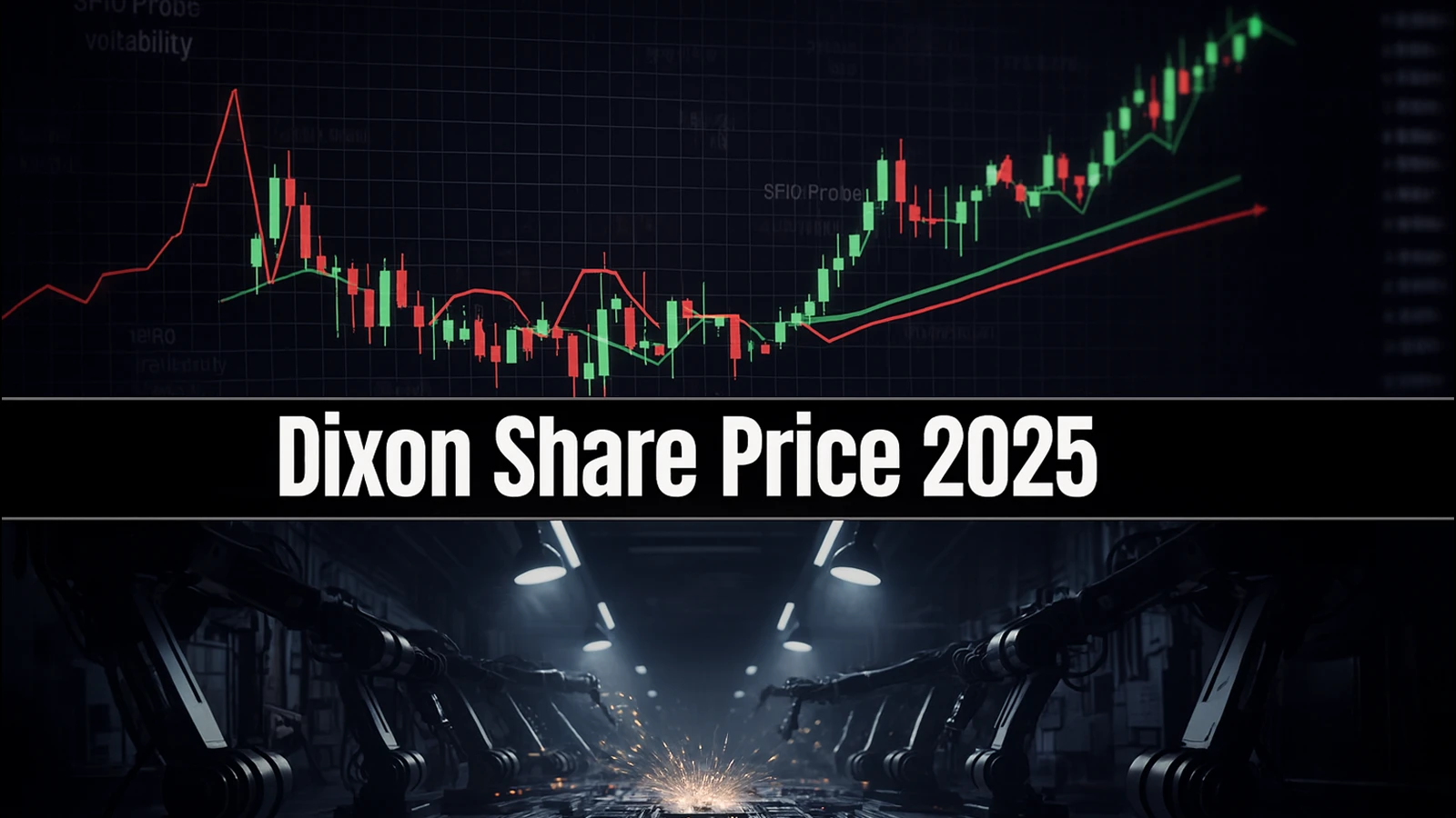 Stock market chart and factory robotics symbolizing trends impacting Dixon share price in 2025.