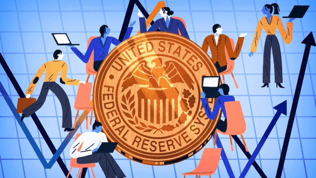 Jerome Powell delivering FOMC update with investors analyzing federal reserve interest rate cuts signals.