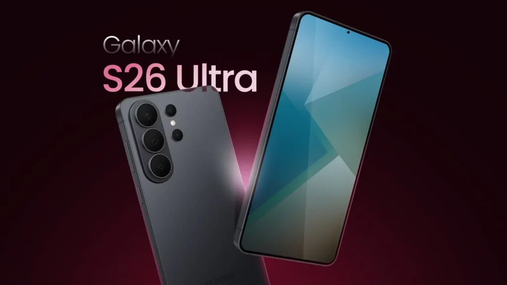 Galaxy S26 Ultra India launch render showing the smartphone’s sleek design, large AMOLED display, and quad-camera setup ahead of its expected 2026 release.