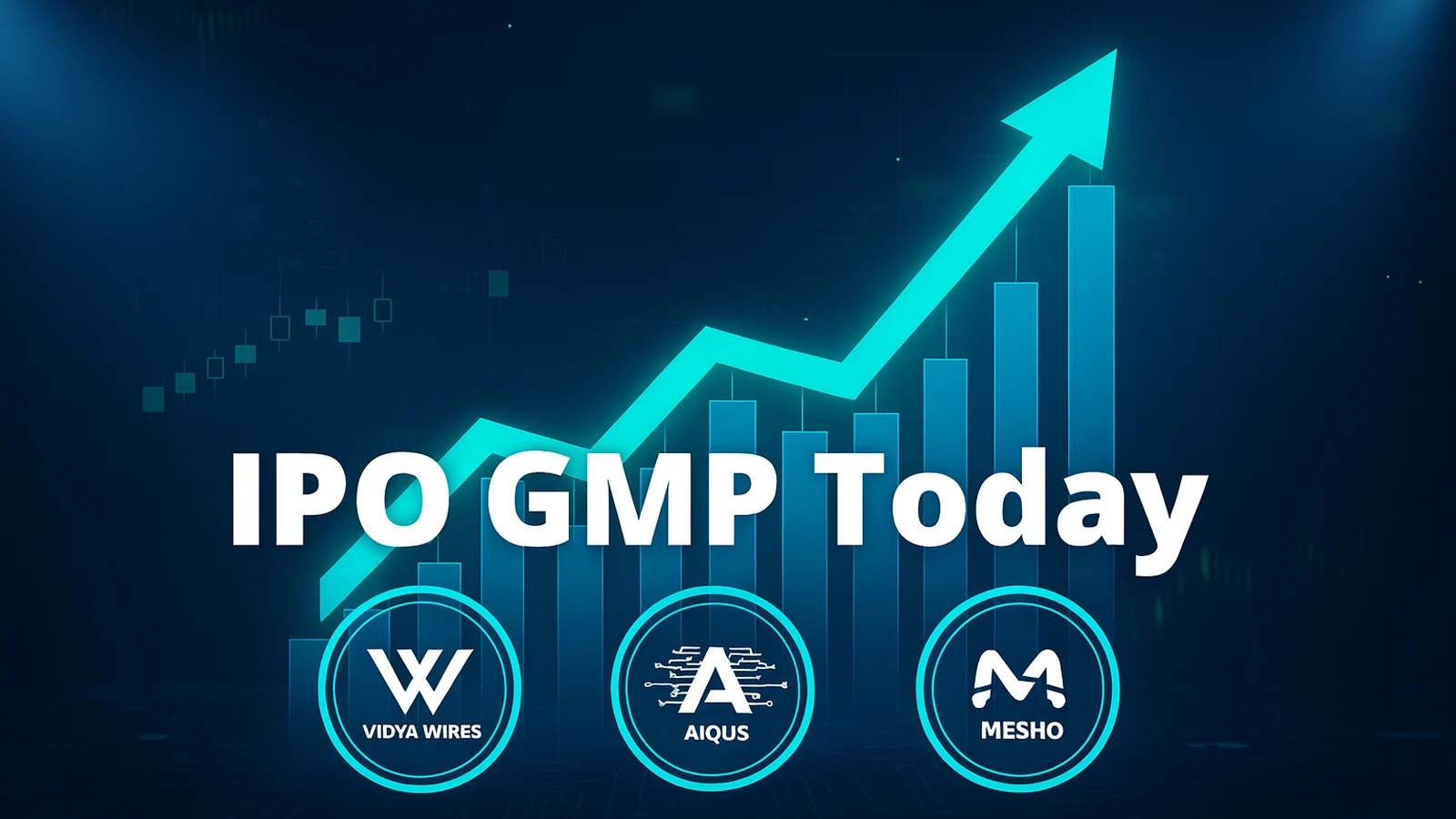 Digital chart with upward arrow highlighting IPO GMP Today trends for Vidya Wires, Aequs, and Meesho in the 2025 market.