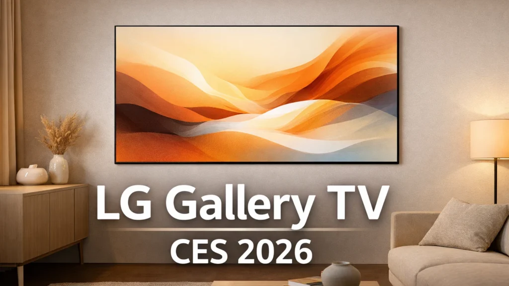 LG OLED Gallery TV mounted flush on a modern wall, showcasing vibrant artwork on an ultra-slim OLED screen designed to resemble a premium art frame.
