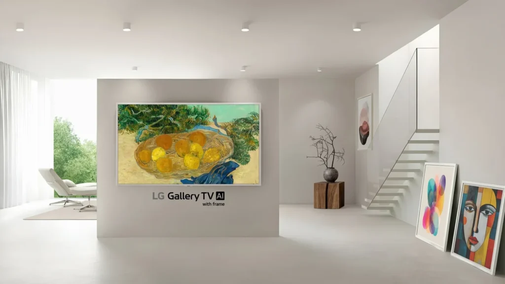 LG art inspired TV displayed on a minimalist wall, featuring an ultra-slim OLED panel that looks like a framed painting in a stylish home interior.
