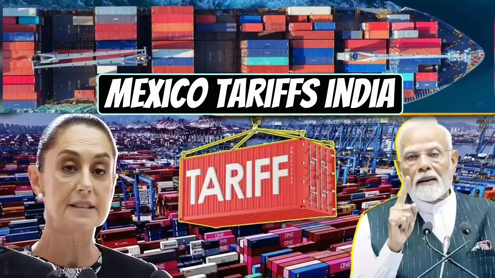 Visual representation of “Mexico tariffs India” showing tariff barriers rising between the two countries’ flags, symbolizing increased import duties and trade impact.