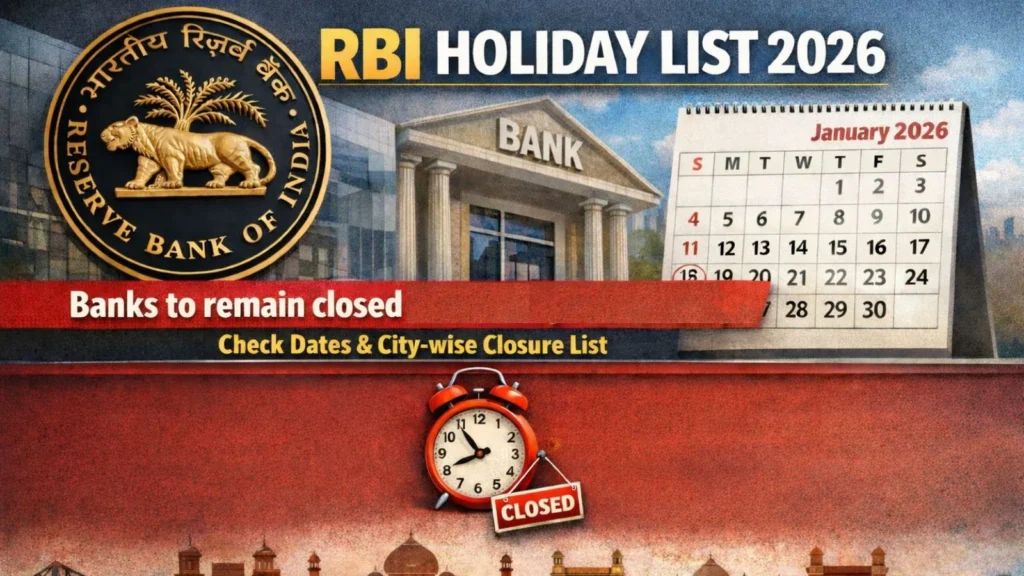 Official RBI bank holiday list displayed on a calendar showing scheduled bank closures across Indian states in 2026.