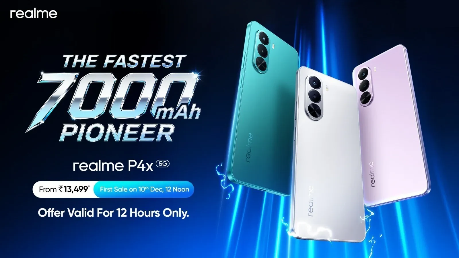 Realme P4x 5G smartphone featuring a modern matte finish, dual camera setup, and large 7000mAh battery for long-lasting performance.