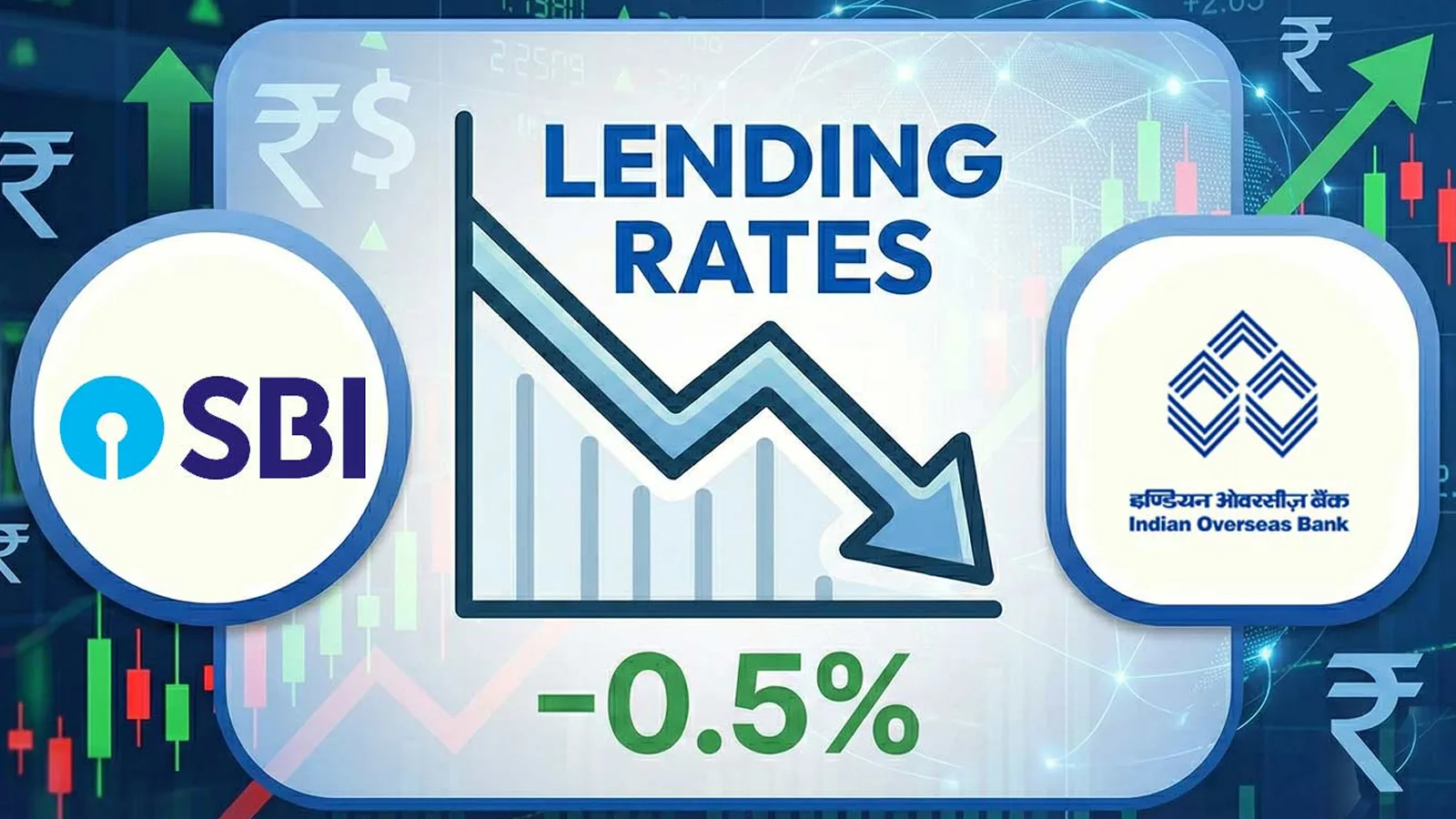 Illustrative graphic showing SBI building with downward arrow representing the SBI lending rate cut.