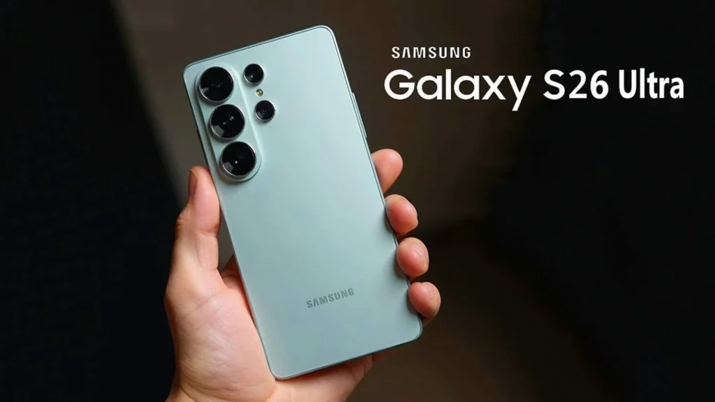 Samsung S26 Ultra price in India highlighted over a render of the smartphone showing its sleek display, quad-camera setup, and premium flagship build.