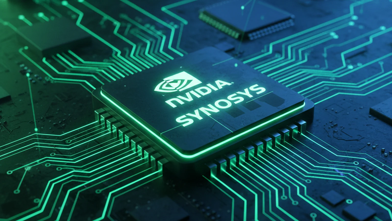 High-tech circuit board showing Nvidia and Synopsys integration, symbolizing the rise in Synopsys Stock after Nvidia’s $2 billion investment.