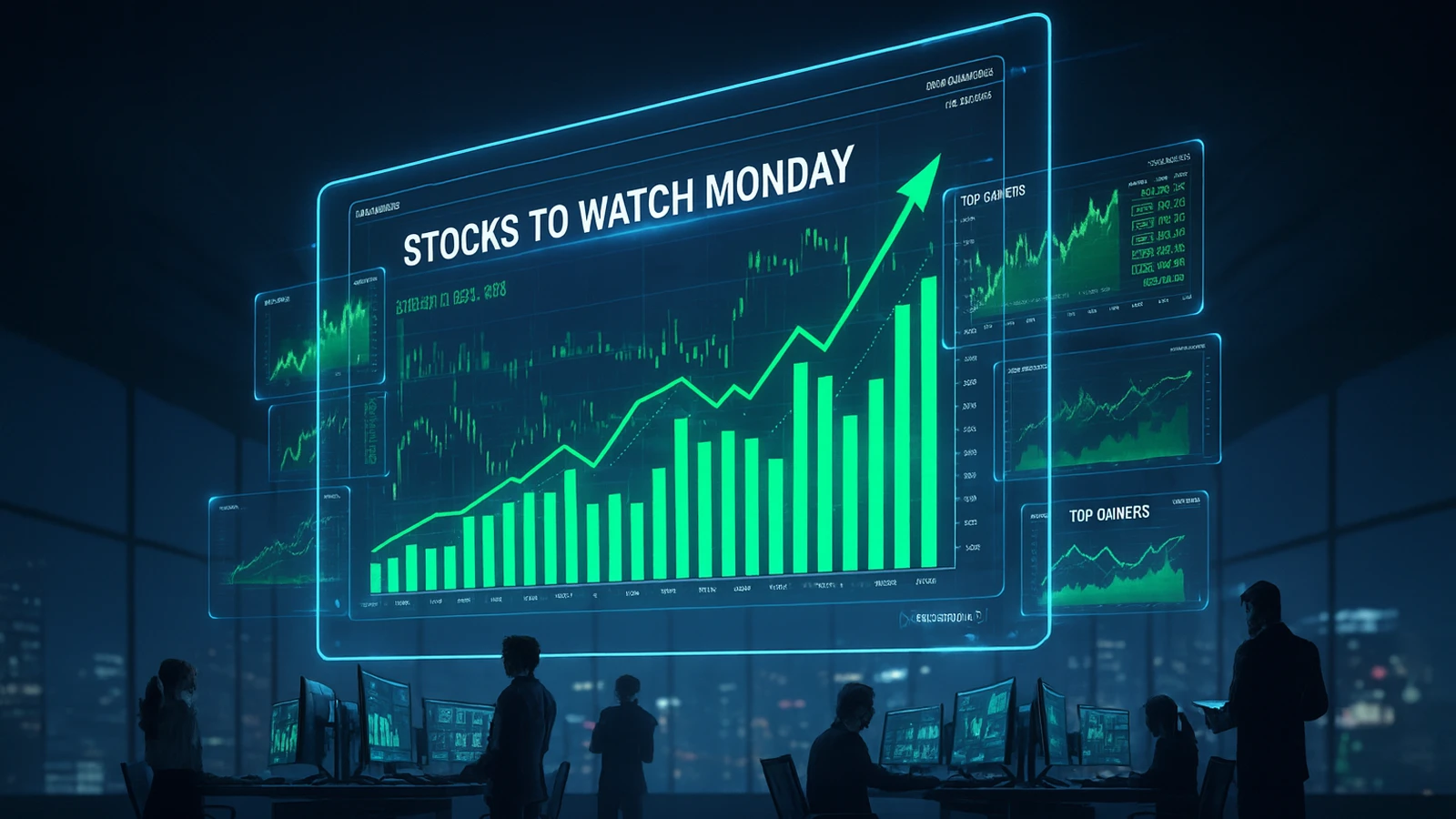 Top 10 Stocks market dashboard showing rising green candlesticks with labels for Paytm, BEL and Godawari Power.