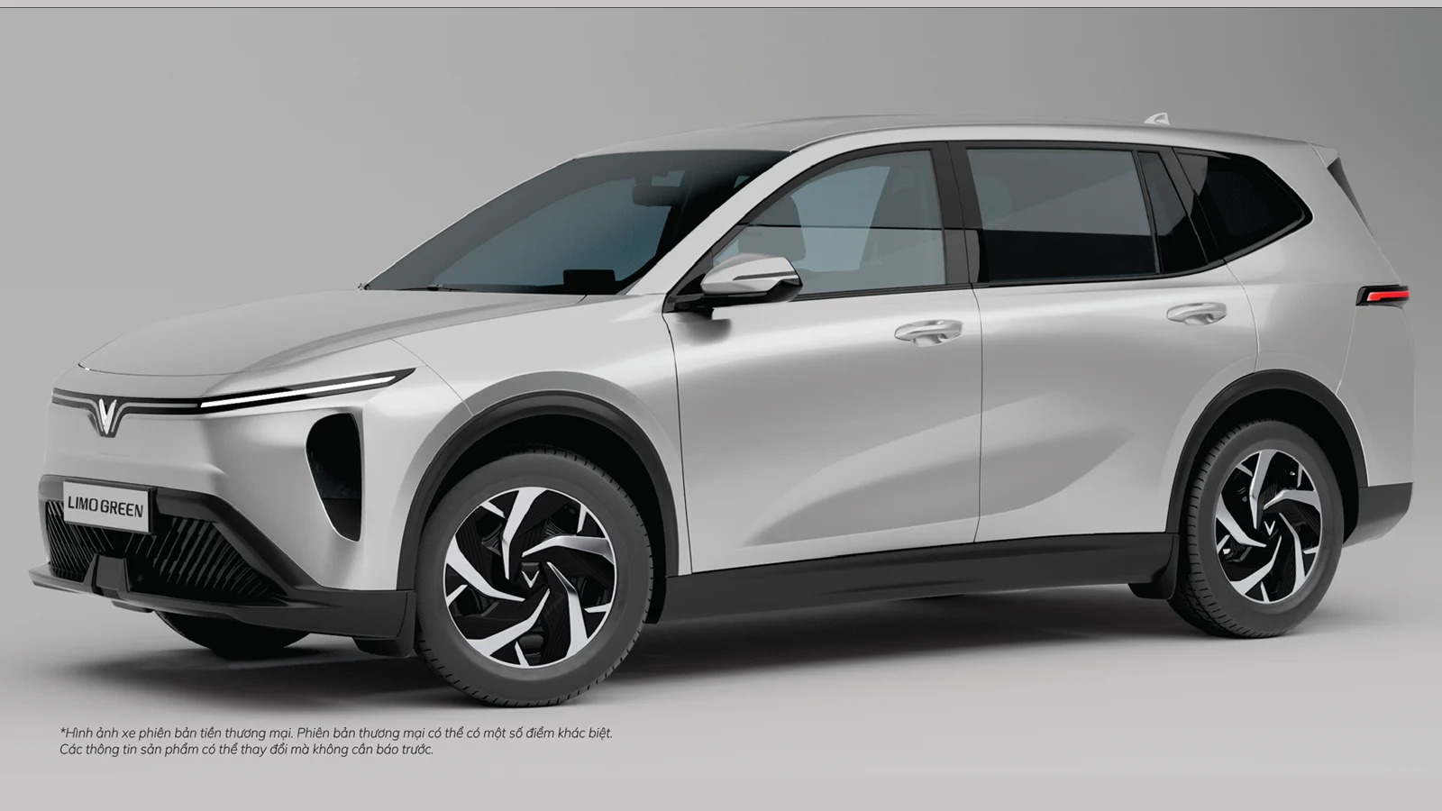 VinFast Limo Green India electric MPV exterior design preview in a modern studio environment.