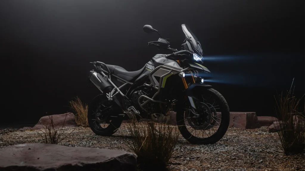 Spy image of Triumph adventure bike 2025 prototype testing with improved suspension and premium features.